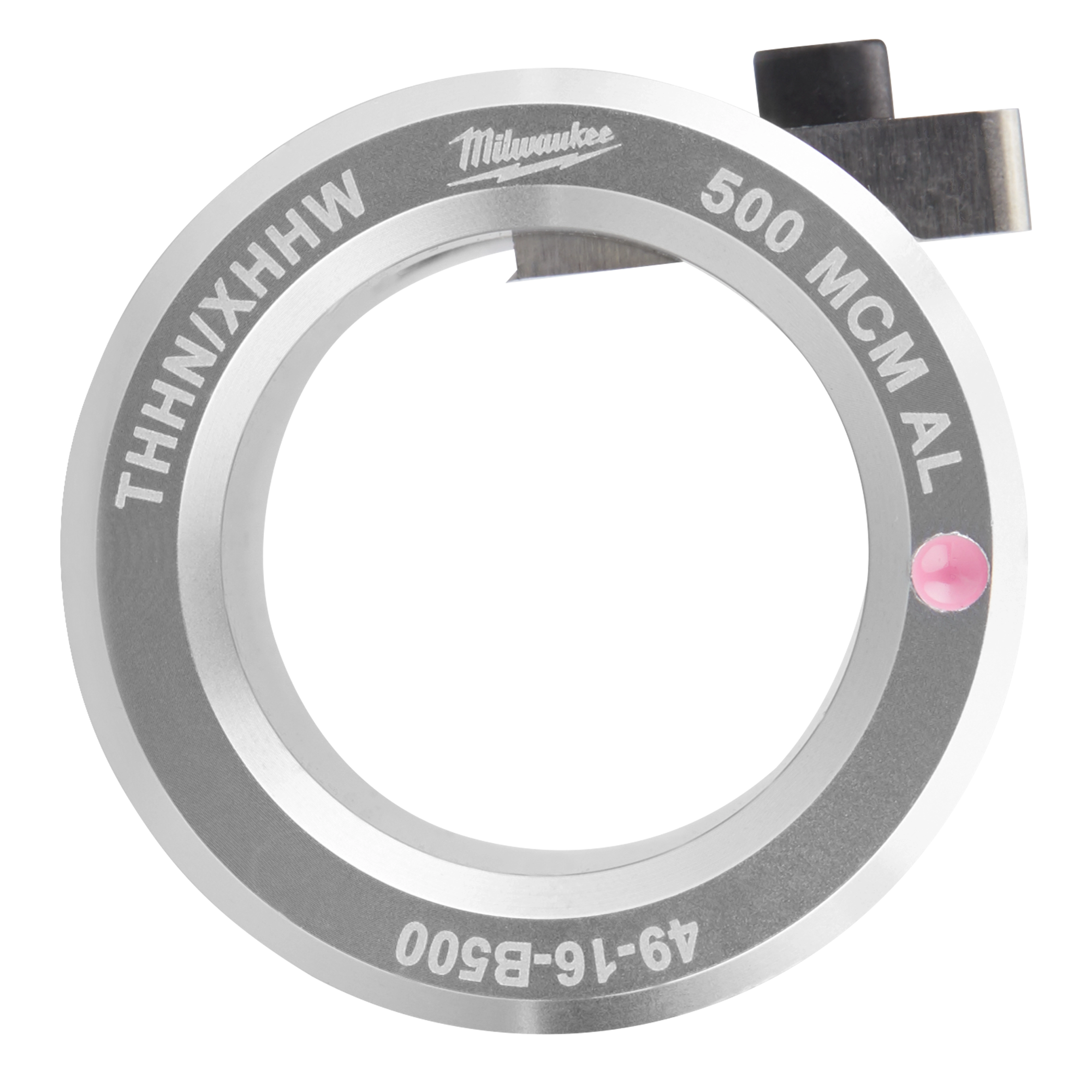 Milwaukee 49-16-B500 knockout punch and die set for 500 MCM aluminum, with THHN/XHHW marking, circular design, and silver finish.