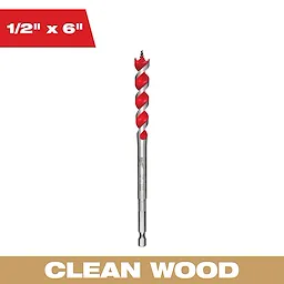 1/2IN x 6IN WOOD BIT is displayed vertically against a white background. The text "1/2" x 6"" is in the top left corner in red. The bottom of the image has "CLEAN WOOD" in white text on a gold background. The bit features a red spiral design.