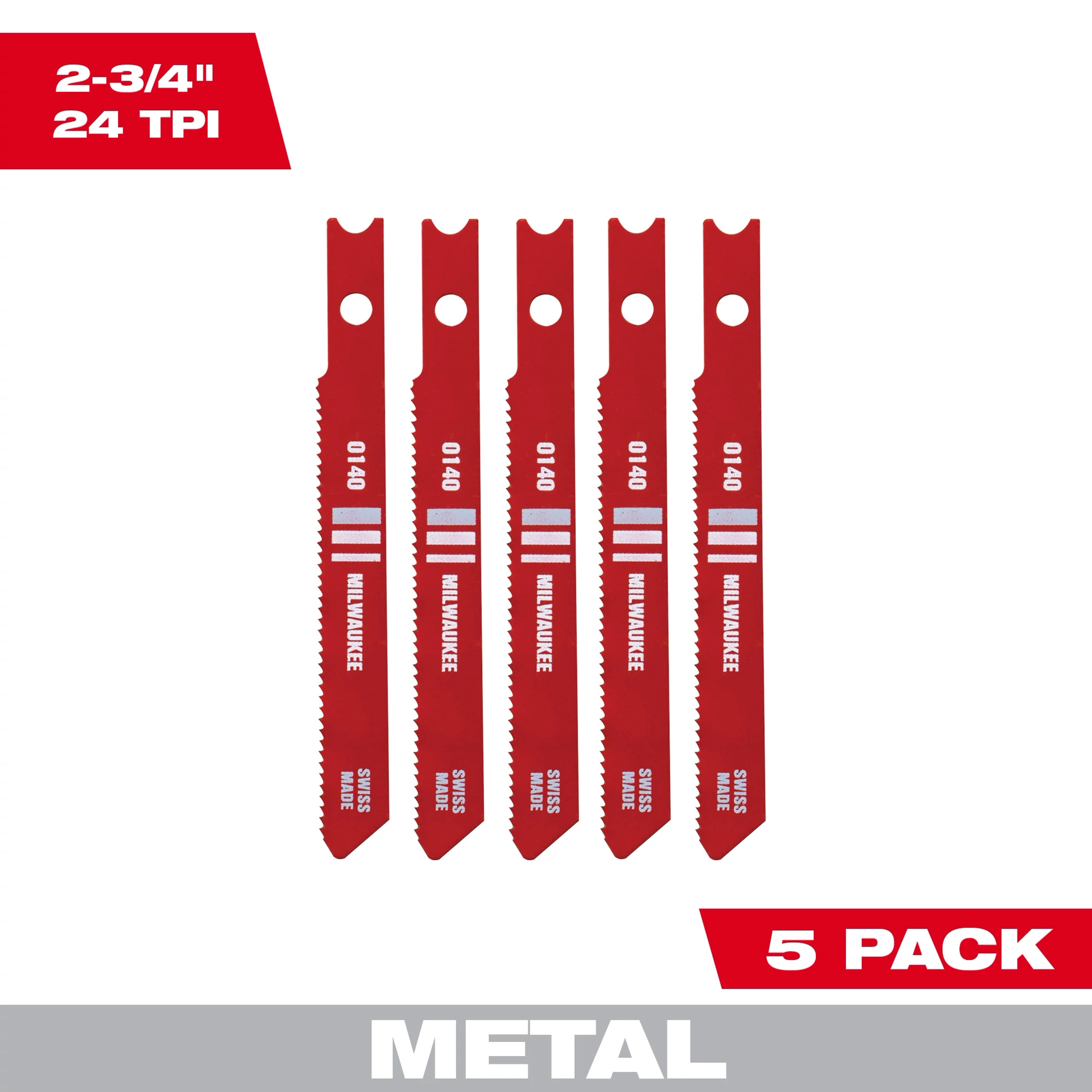 Five red 2-3/4" 24TPI U-Shank Metal High Speed Steel Jig Saw Blades are arranged vertically in the image. The package includes five blades.