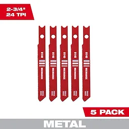 Five red 2-3/4" 24TPI U-Shank Metal High Speed Steel Jig Saw Blades are arranged vertically in the image. The package includes five blades.