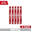 Five red 2-3/4" 24TPI U-Shank Metal High Speed Steel Jig Saw Blades are arranged vertically in the image. The package includes five blades.