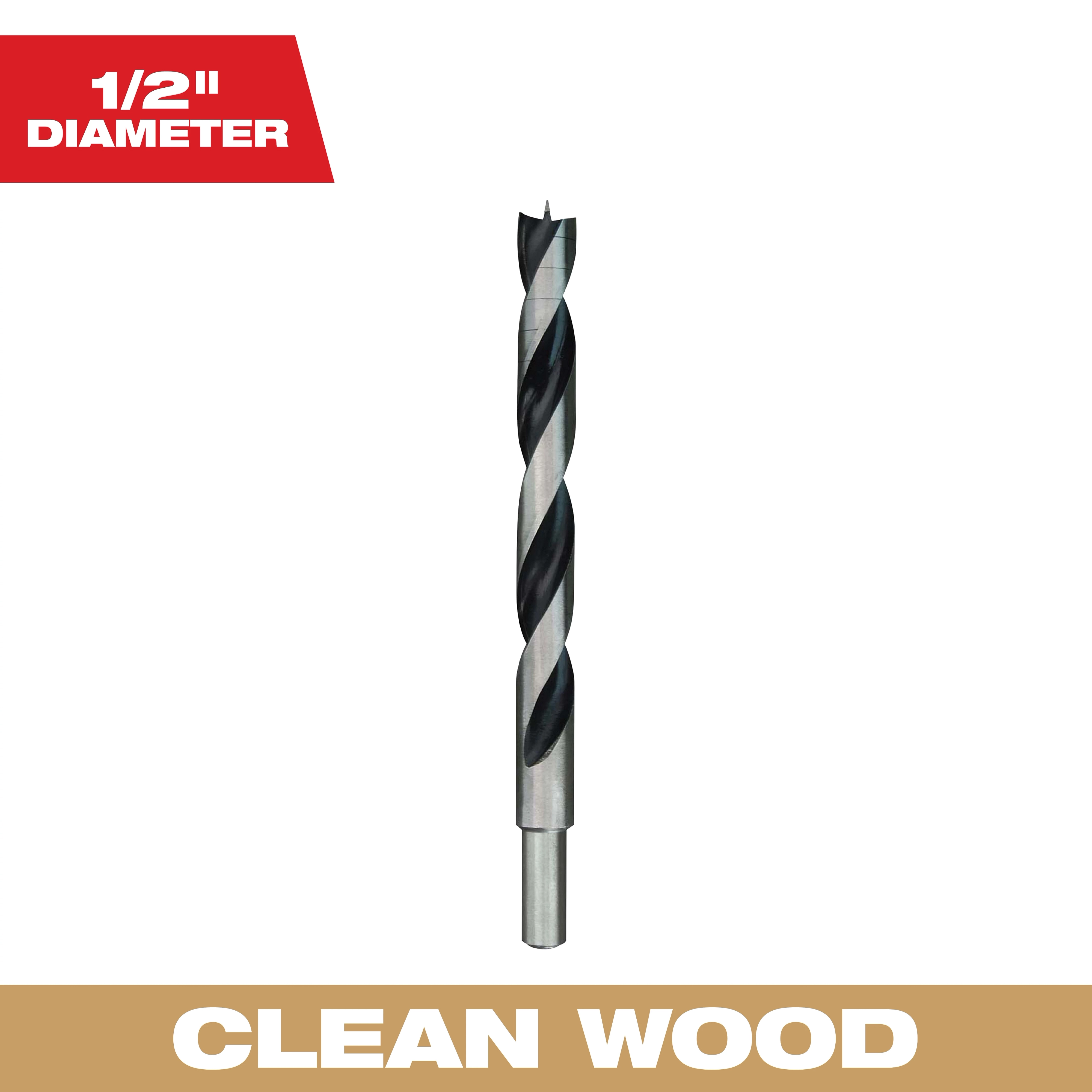 1/2 inch diameter wood drill bit. The bit has a sharp point and spiral design for clean wood drilling. Text at the top left mentions "1/2" diameter" and a brown text box at the bottom says "Clean Wood".