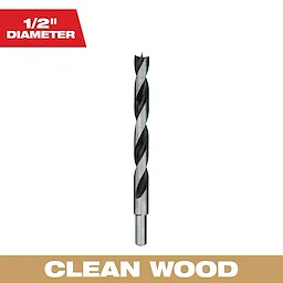 1/2 inch diameter wood drill bit. The bit has a sharp point and spiral design for clean wood drilling. Text at the top left mentions "1/2" diameter" and a brown text box at the bottom says "Clean Wood".