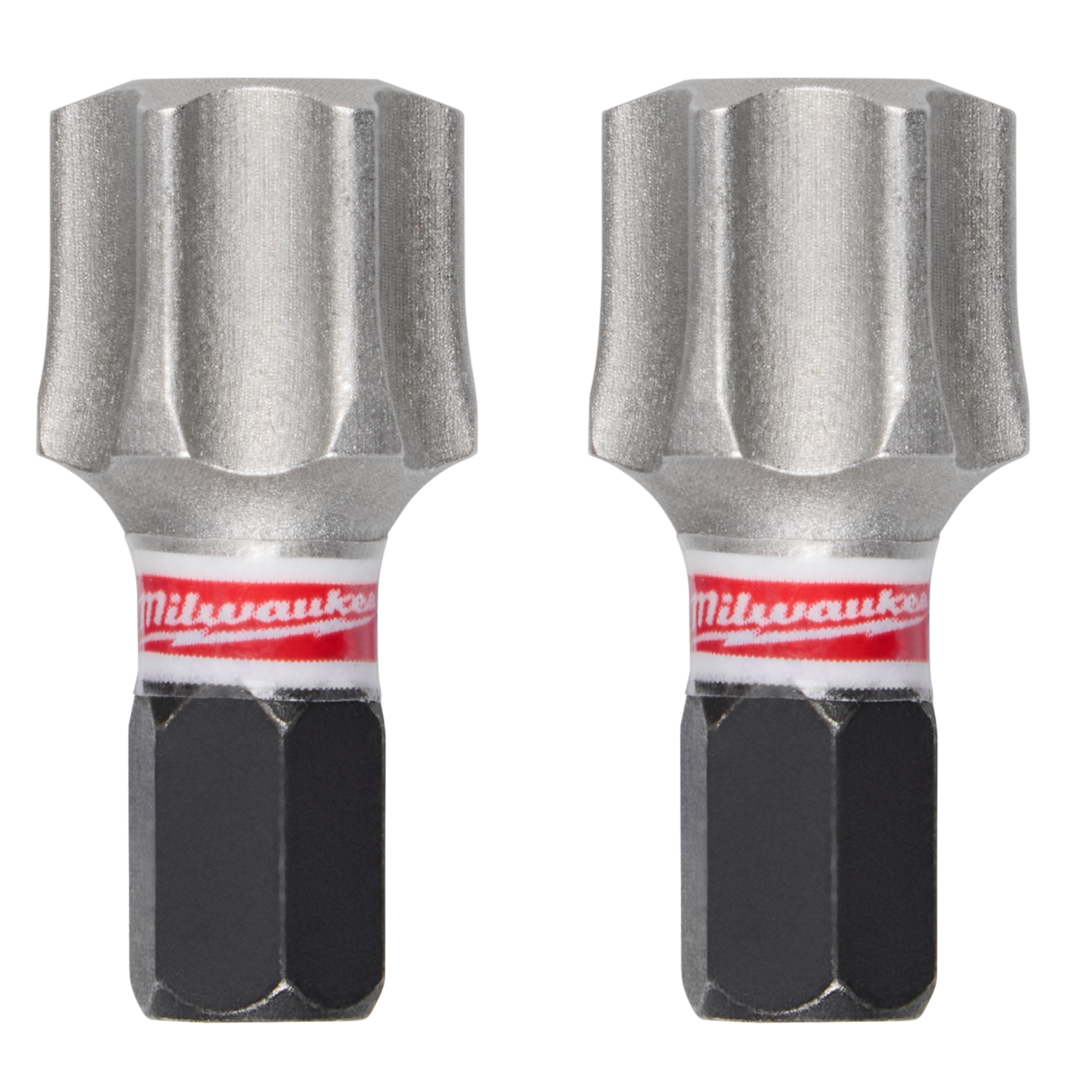 The image shows two SHOCKWAVE™ Impact Duty 1" T55 Insert Bits 2Pk with a silver top and black bottom, featuring a red Milwaukee logo on each bit.