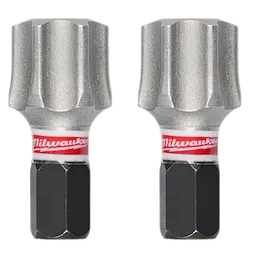 The image shows two SHOCKWAVE™ Impact Duty 1" T55 Insert Bits 2Pk with a silver top and black bottom, featuring a red Milwaukee logo on each bit.