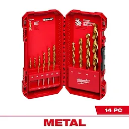 THUNDERBOLT Titanium Drill Bit Set – 14PC in a red case, showcasing various sizes of golden drill bits arranged neatly.