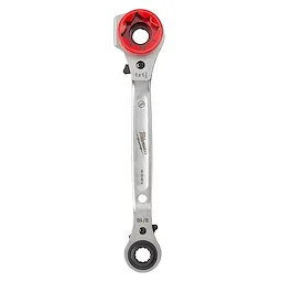 Lineman's 5-in-1 Ratcheting Wrench with a dual-sided ratcheting mechanism and ergonomic handle, featuring a red and silver finish.