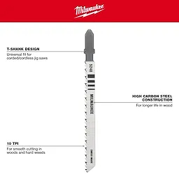 Milwaukee 4" 10 TPI T-Shank Wood High Carbon Steel Jig Saw Blade. Features universal T-shank, 10 TPI, and high carbon steel.