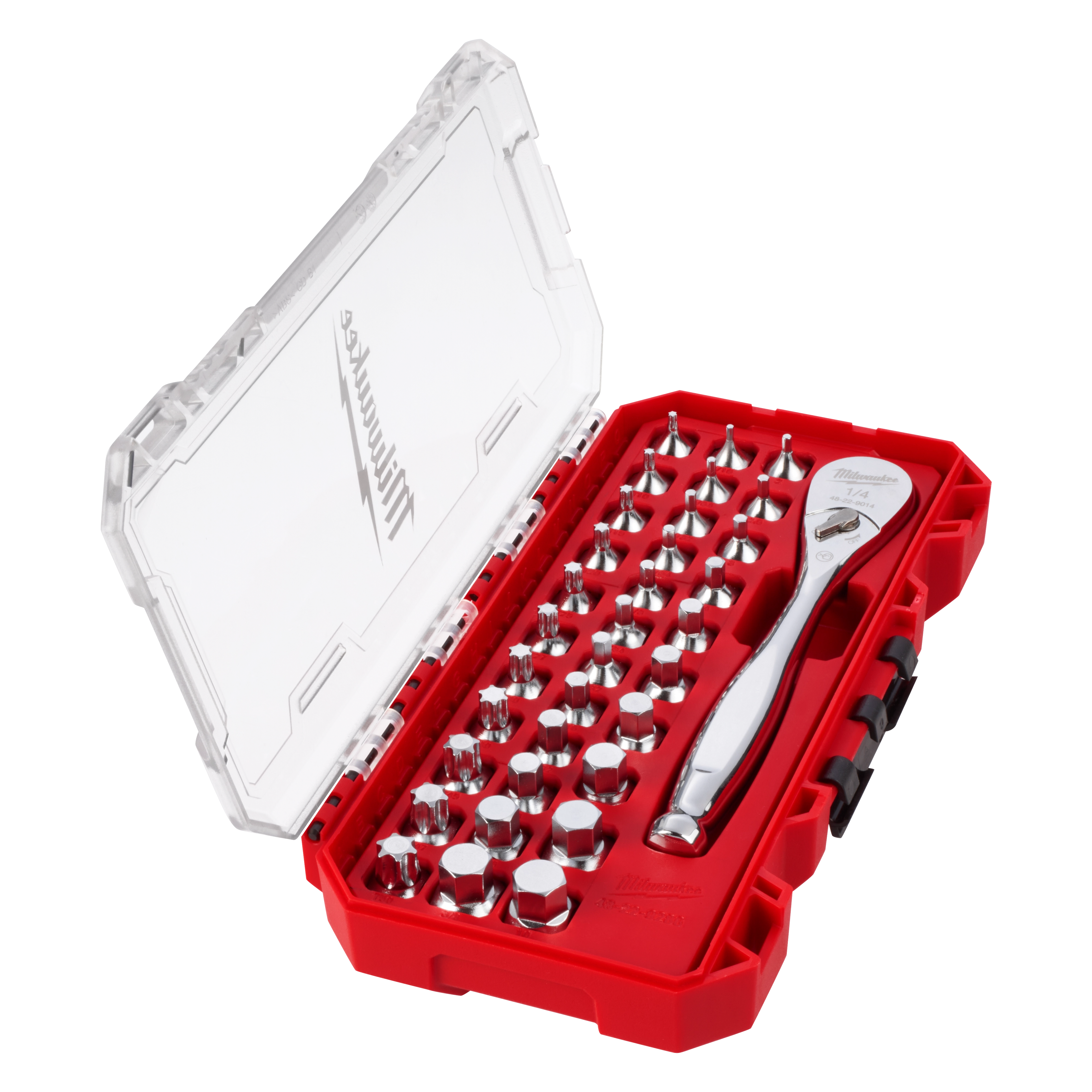 34pc 1/4” Drive Ratchet & Low-Profile Bit Socket Set in an open red case with organized sockets and a ratchet handle.