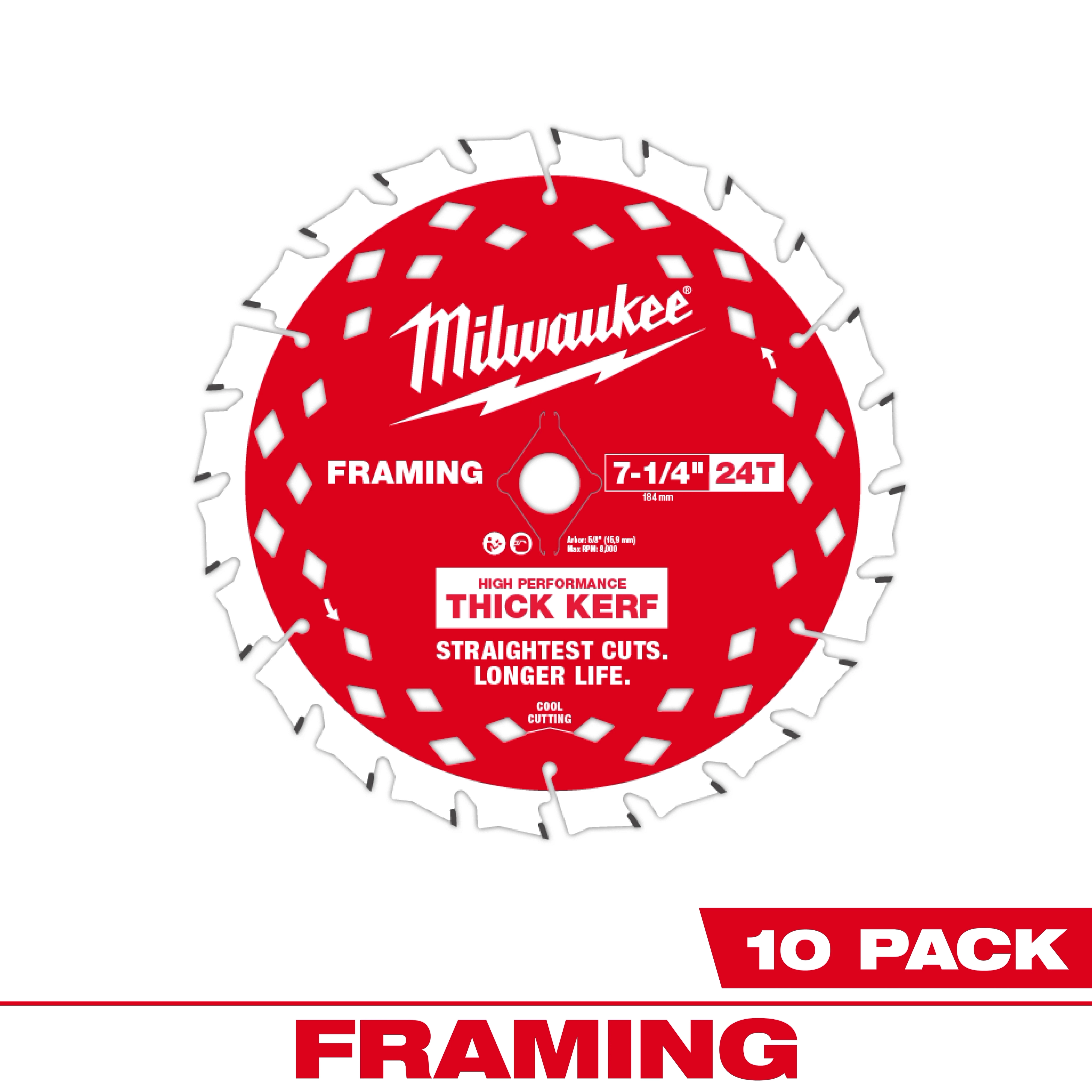 7-1/4" 24T Framing Circular Saw Blade displayed centered with text indicating a 10 pack and framing use.