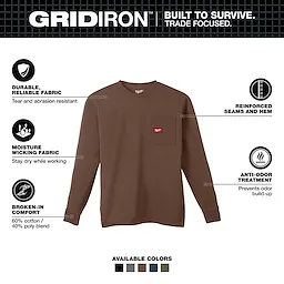 GRIDIRON Pocket T-Shirt - Long Sleeve in brown with reinforced seams, moisture-wicking fabric, anti-odor treatment, and broken-in comfort.
