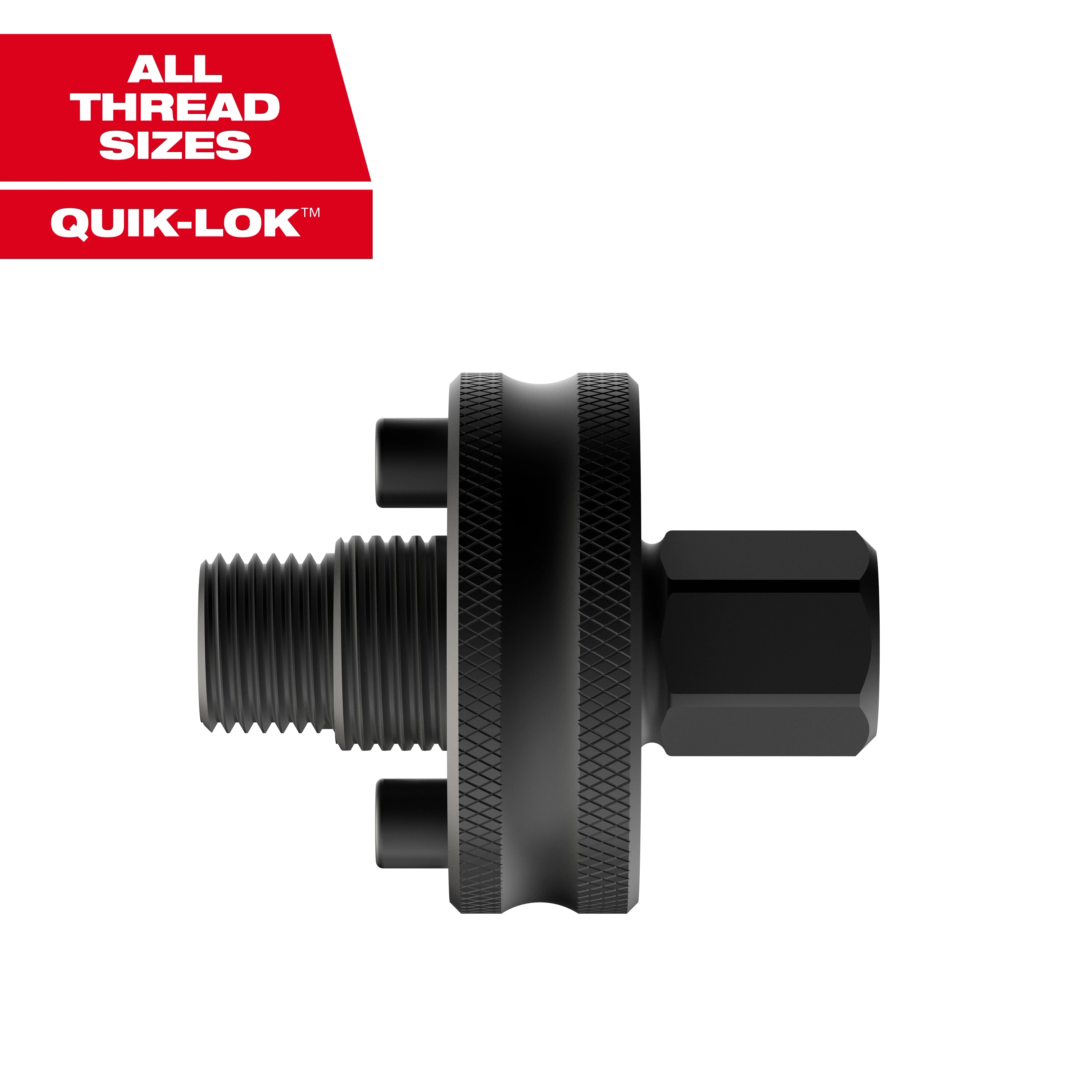 The image displays the black Hole Enlargement Thread Adapter for QUIK-LOK™ Arbors, with a hexagonal end and threaded connector. The central section features a textured grip. The QUIK-LOK™ logo is positioned in the top-left corner on a white background.