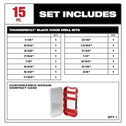 The THUNDERBOLT® Black Oxide Drill Bit Set – 15PC includes 15 drill bits of various sizes, ranging from 1/16" to 3/8", and a customizable medium compact case. The bit chart provides quantities for each size.