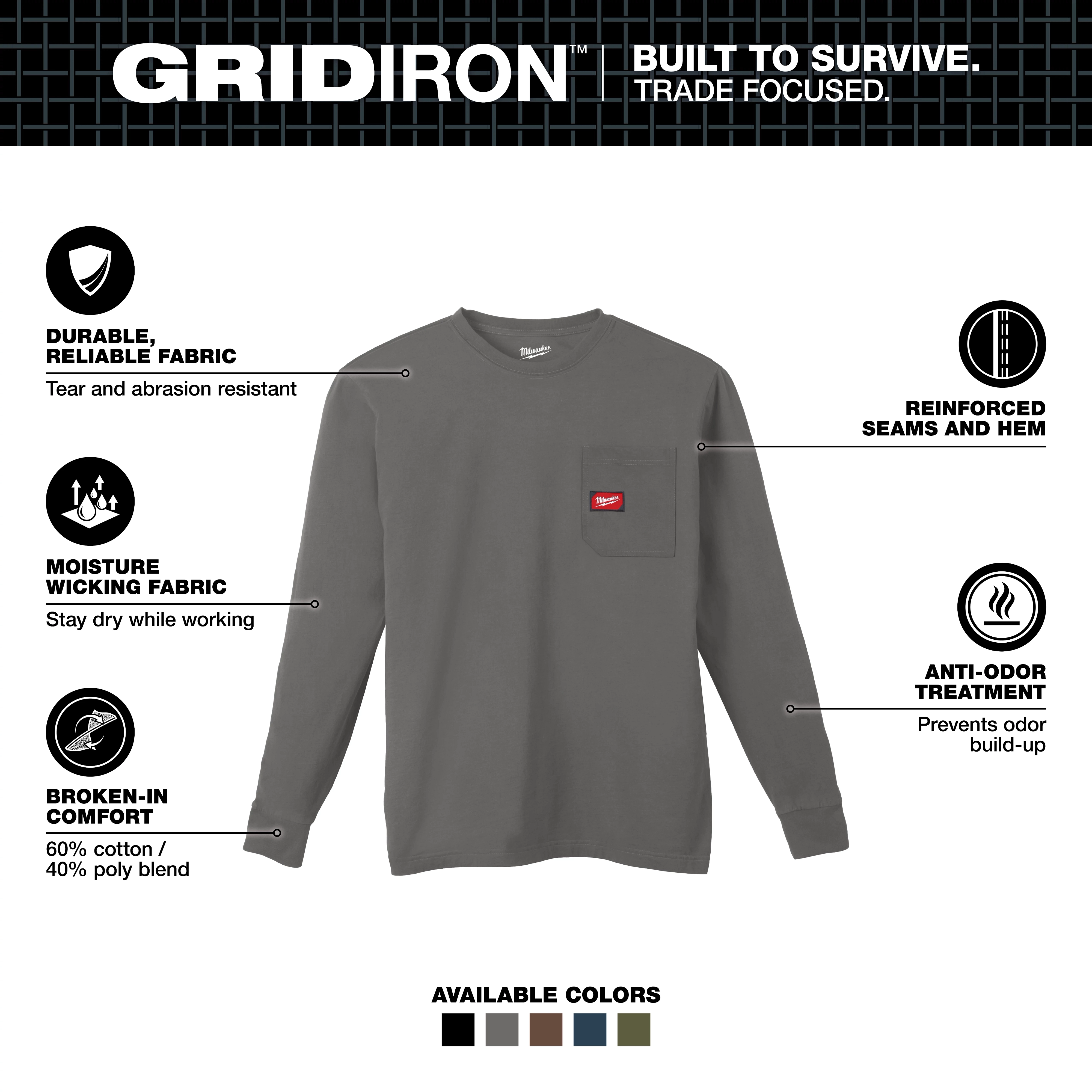 GRIDIRON Pocket T-Shirt - Long Sleeve features durable fabric, moisture-wicking, anti-odor treatment, reinforced seams, and a cotton/poly blend.