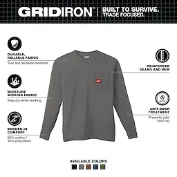 GRIDIRON Pocket T-Shirt - Long Sleeve features durable fabric, moisture-wicking, anti-odor treatment, reinforced seams, and a cotton/poly blend.