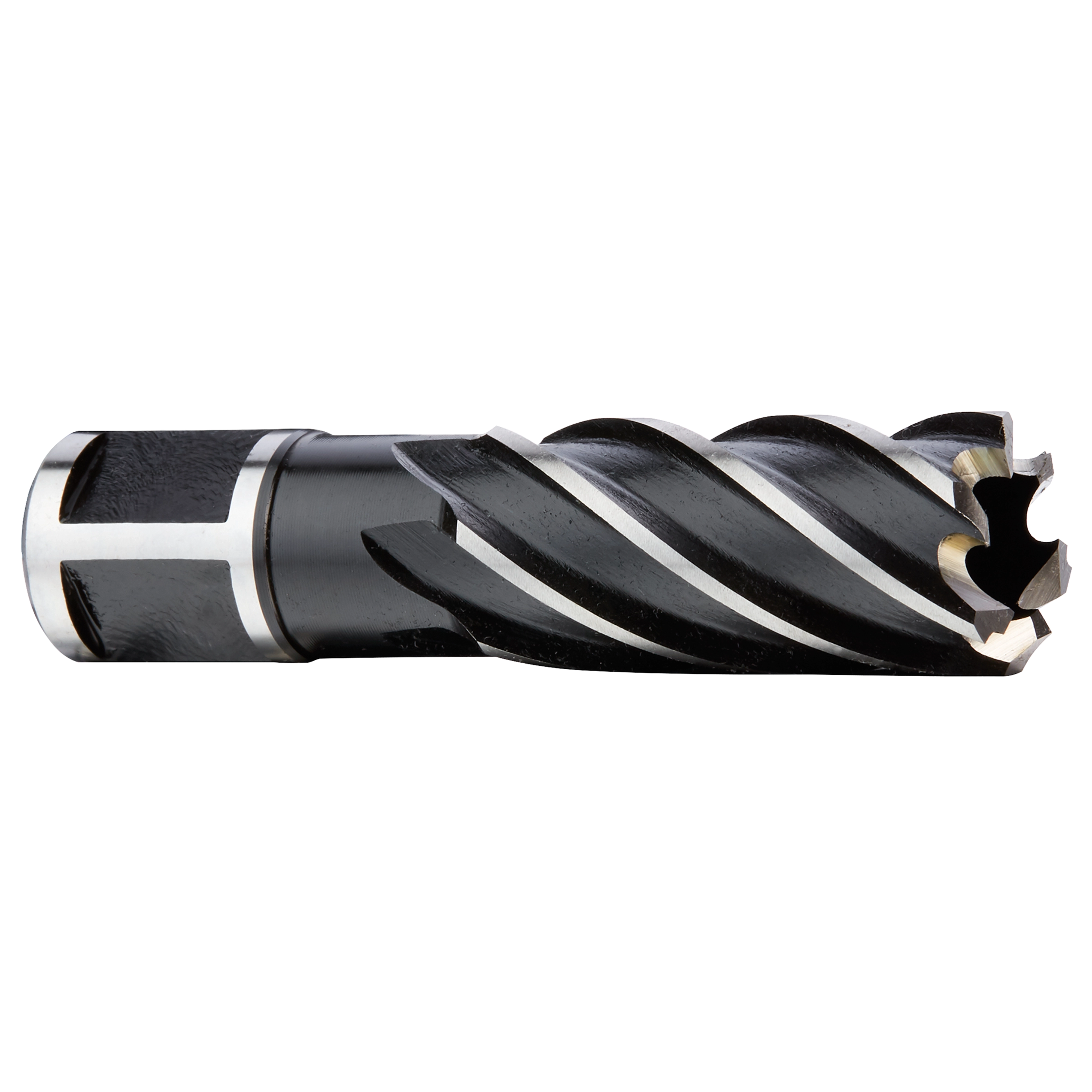 The image shows a 13/16" annular cutter with a black and silver fluted design, used for precision drilling in metal.
