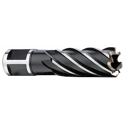 The image shows a 13/16" annular cutter with a black and silver fluted design, used for precision drilling in metal.