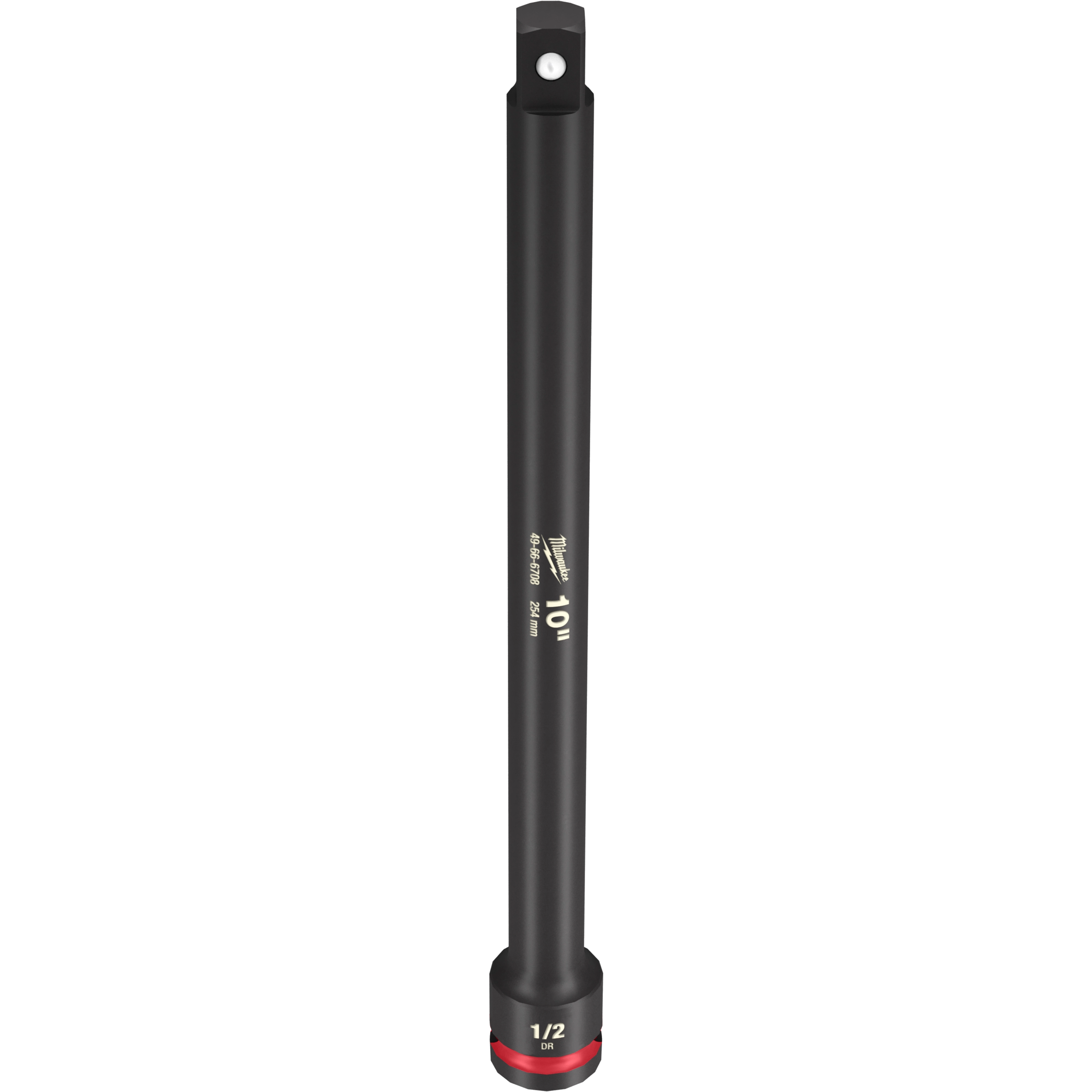 1/2" DR 10" IMPACT EXTENSION is a black metal tool with a smooth cylindrical body. It features a 1/2" drive at one end and measures 10 inches in length. The product name is printed on the side in white text.