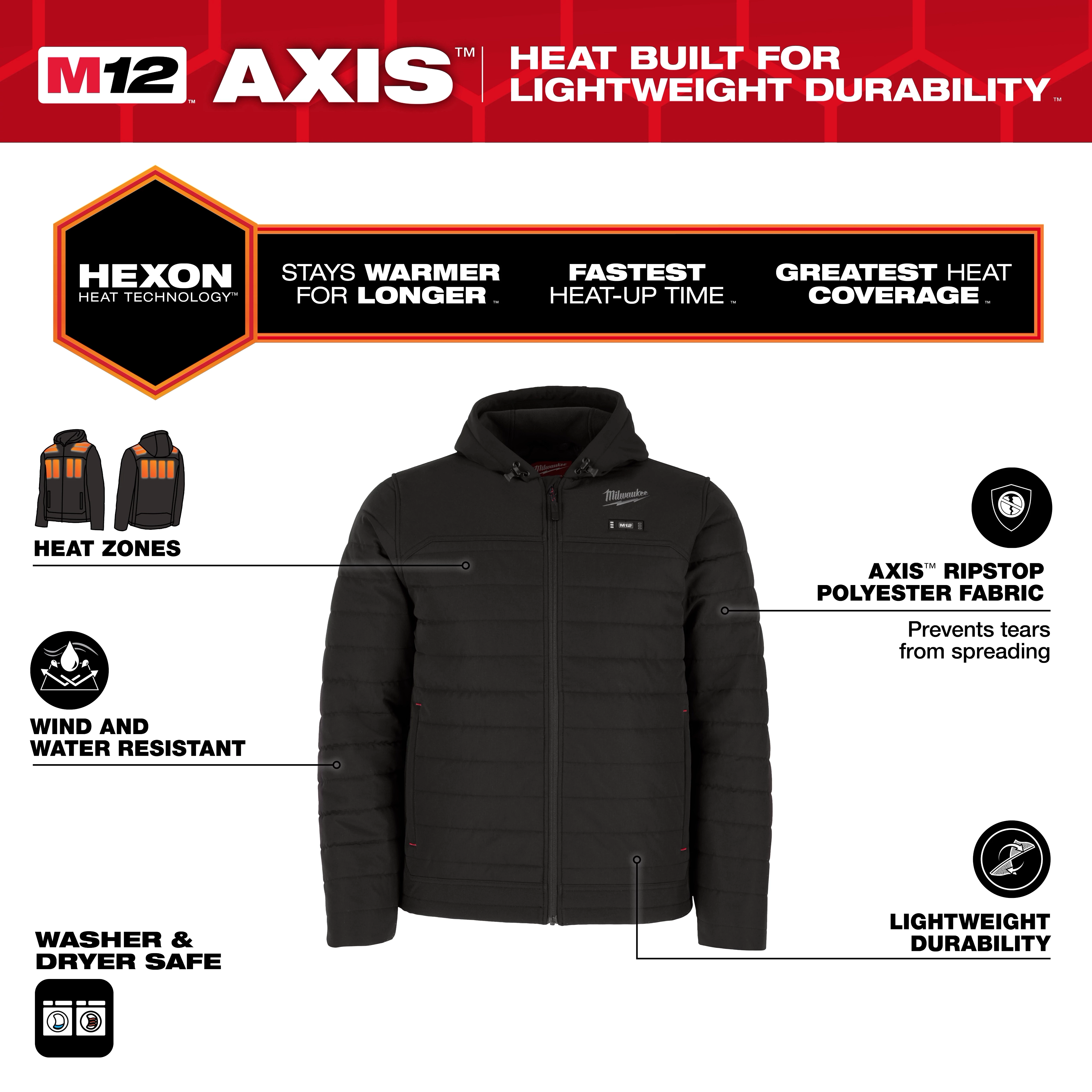 M12 Heated AXIS Jacket in black, features Hexon heat technology, heat zones, ripstop polyester fabric, wind and water resistance, and is washer and dryer safe.