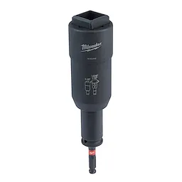 SHOCKWAVE™ Lineman's 3-in-1 Distribution Utility & Transmission Sockets tool by Milwaukee. It features a hexagonal socket on top and multiple sizing options marked on the body. The tool is black with product information and branding printed in white.