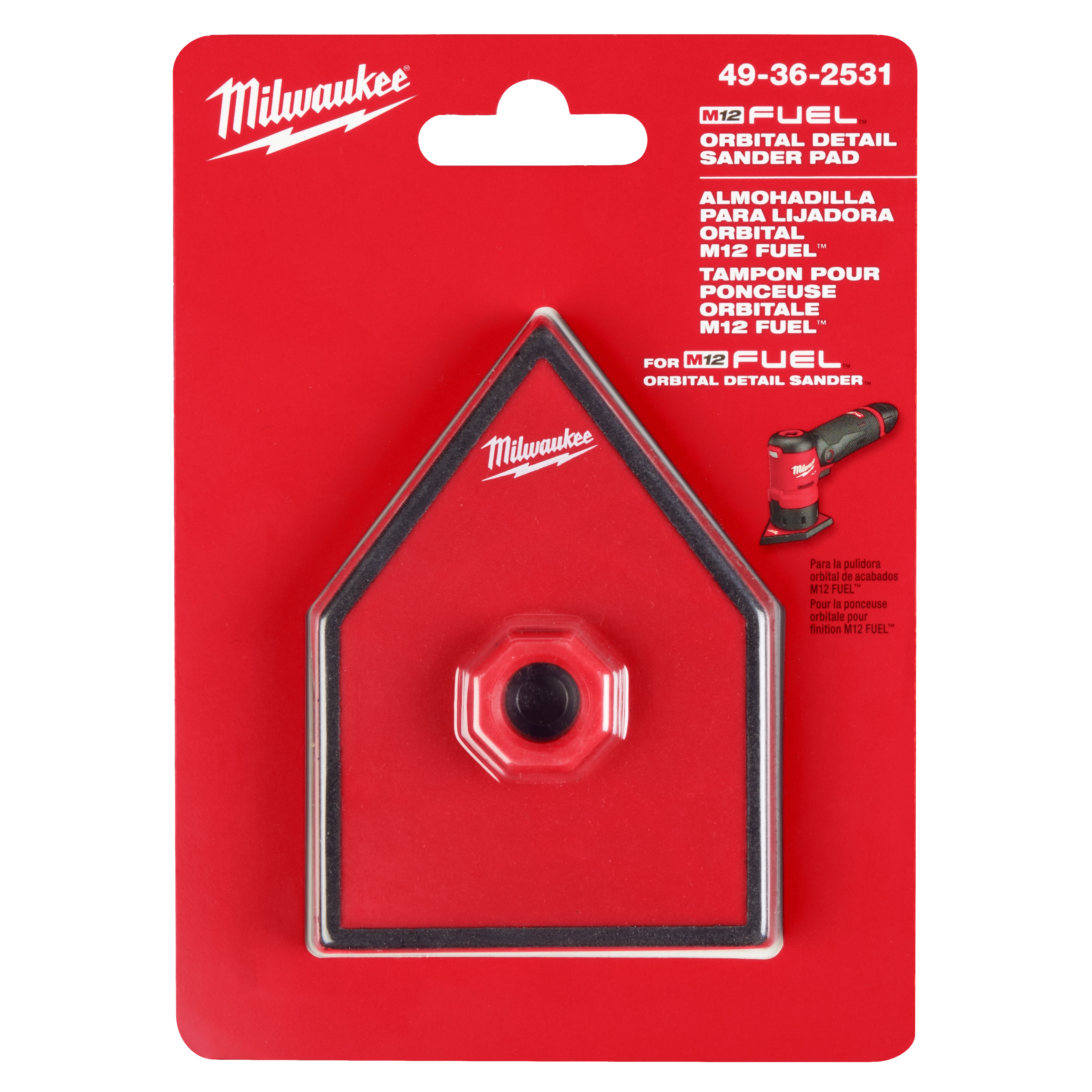 M12 FUEL Orbital Detail Sander Replacement Pad in packaging. Red and black pad with a central attachment hole, displayed on a red backing card.