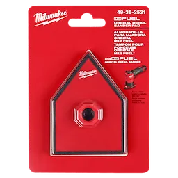 M12 FUEL Orbital Detail Sander Replacement Pad in packaging. Red and black pad with a central attachment hole, displayed on a red backing card.