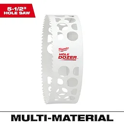 5-1/2" Hole Dozer Bi-Metal Hole Saw with white body and jagged teeth, designed for drilling through multiple materials.