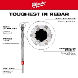 Detailed diagram of the Rebar Cutter Image Reel by Milwaukee, highlighting features like robust tooth design, precision ground carbide tip, double ejection slots, and optimized flutes.