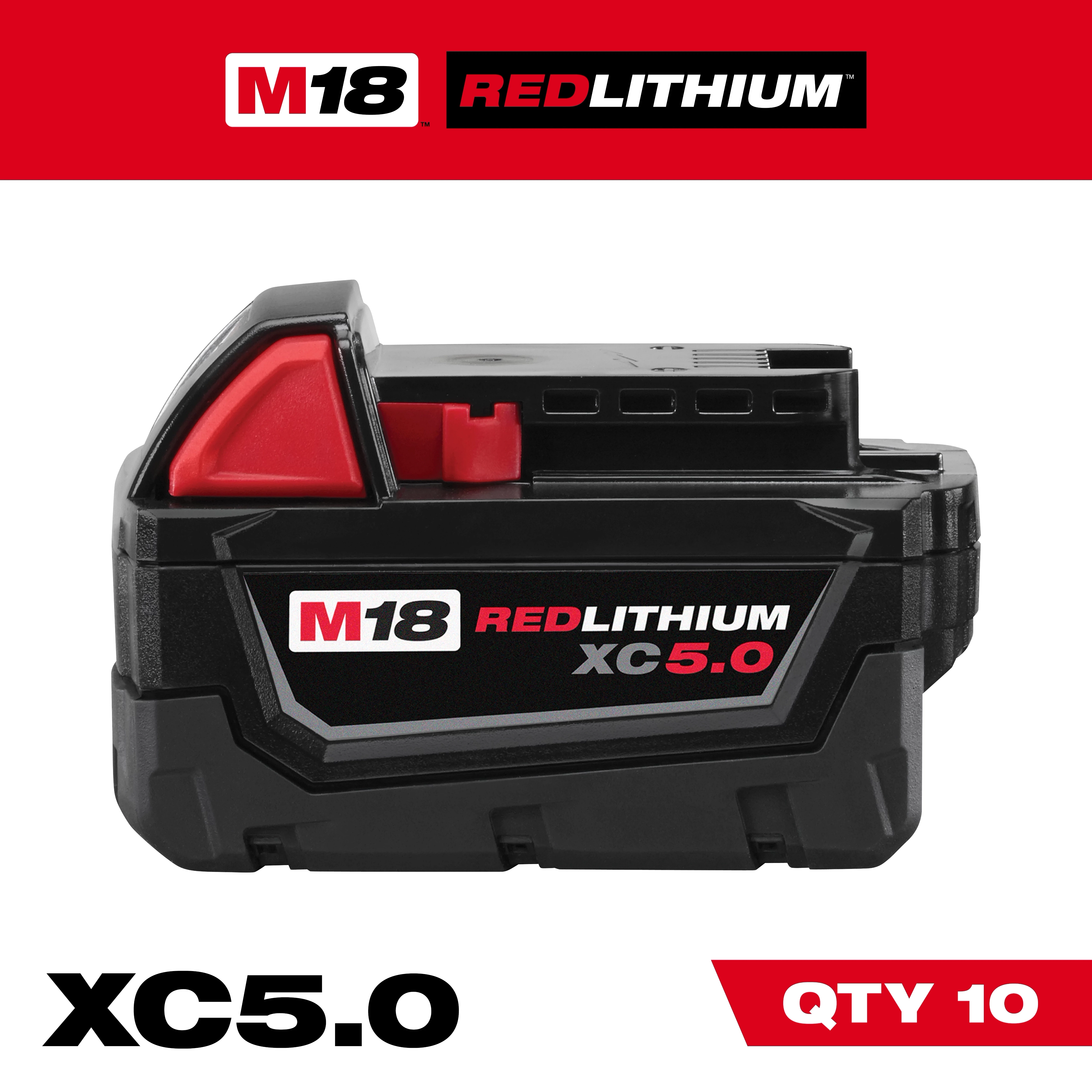 The M18™ REDLITHIUM™ XC5.0 Extended Capacity Battery (10 Pk) is a black and red battery pack designed for extended usage. It is labeled with its model name and capacity on the side.