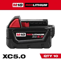 The M18™ REDLITHIUM™ XC5.0 Extended Capacity Battery (10 Pk) is a black and red battery pack designed for extended usage. It is labeled with its model name and capacity on the side.