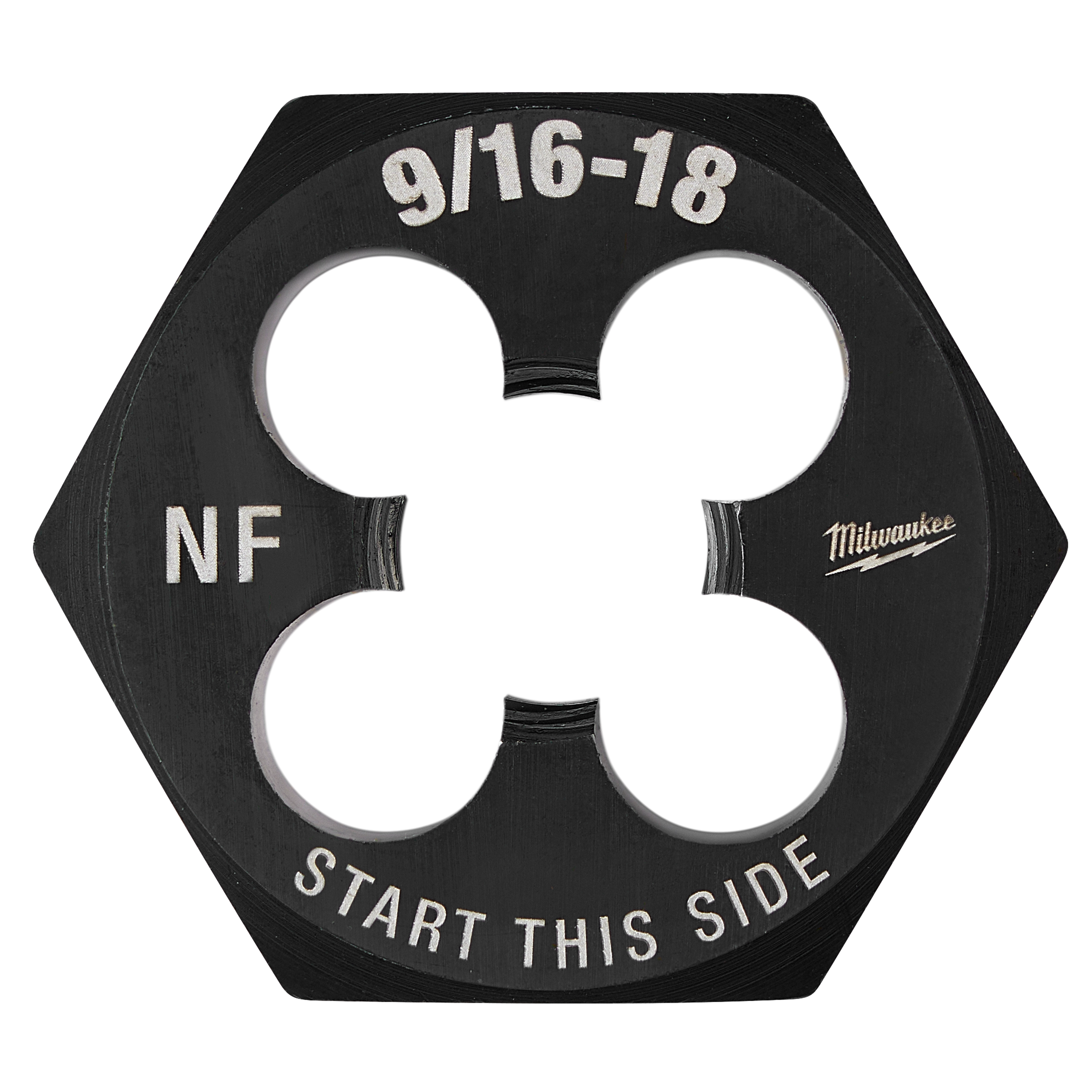 9/16"-18 NF 1-7/16" Hex Threading Die with black finish showing "START THIS SIDE" and silver-colored text.