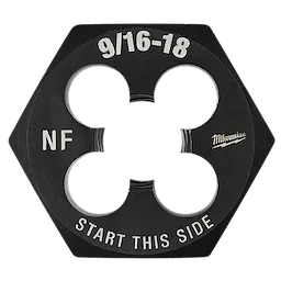 9/16"-18 NF 1-7/16" Hex Threading Die with black finish showing "START THIS SIDE" and silver-colored text.