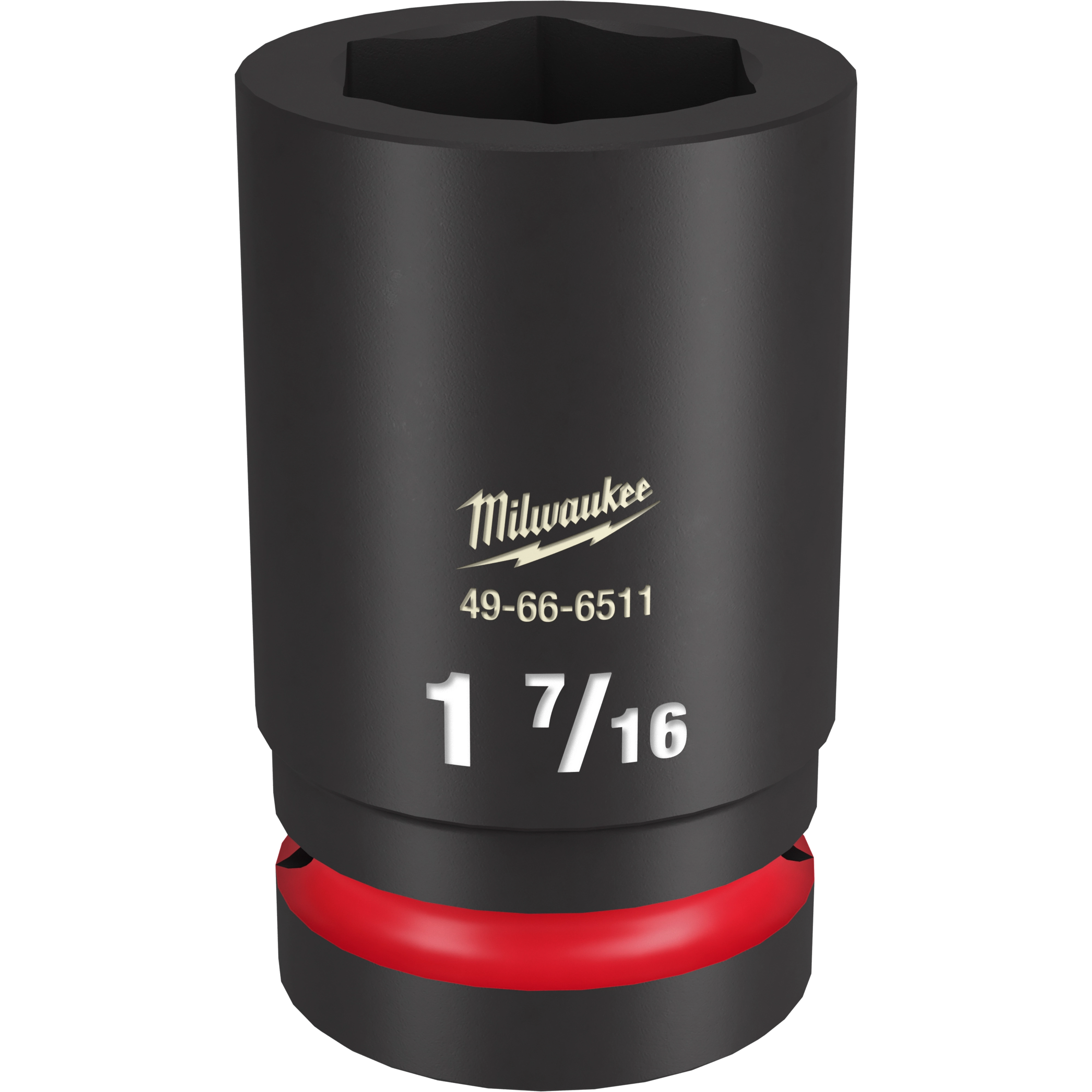 The product is a 1%22 DR 1-7%2F16 DEEP IMPACT SOCKET. It is black with a red accent ring near the base. The size "1 7/16" is displayed prominently in white text. The manufacturer's logo and model number "49-66-6511" are also visible.