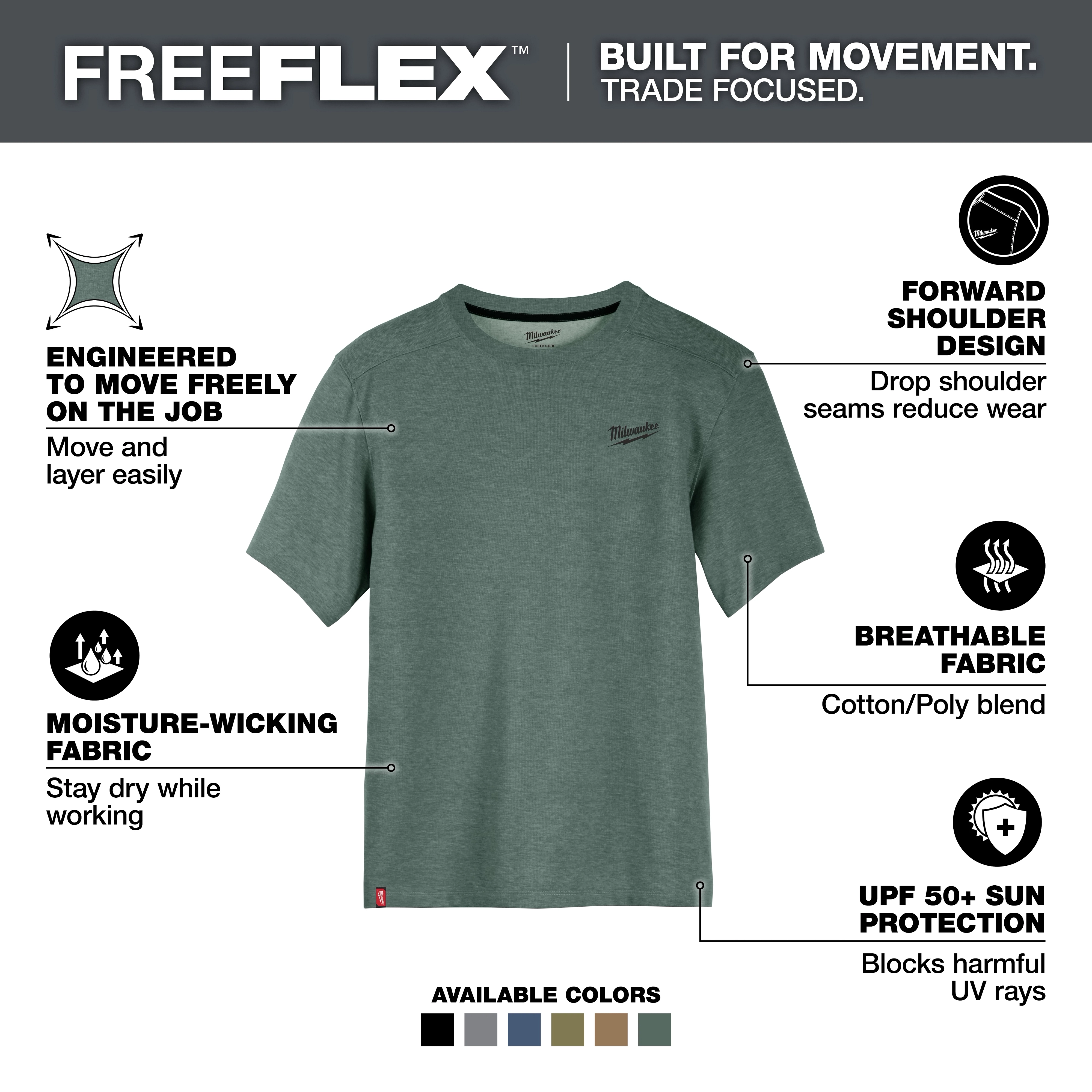 FREEFLEX Hybrid Work Tee - Short Sleeve in green with moisture-wicking, breathable fabric, forward shoulder design, and UPF 50+ sun protection.