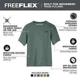 FREEFLEX Hybrid Work Tee - Short Sleeve in green with moisture-wicking, breathable fabric, forward shoulder design, and UPF 50+ sun protection.