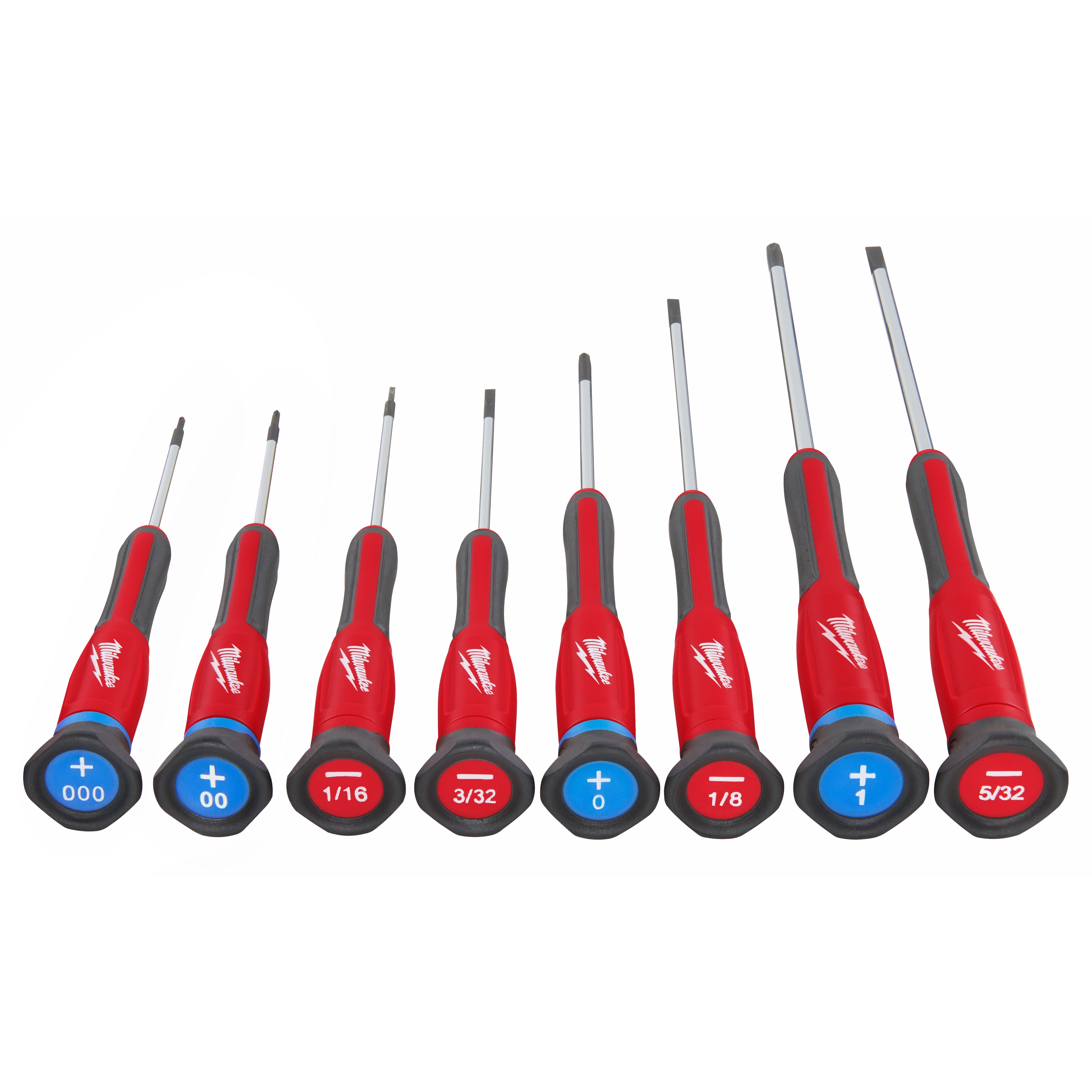 8PC Precision Screwdriver Set with eight red-handled screwdrivers, featuring various Phillips and flathead sizes, laid out on a red background.