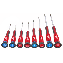 8PC Precision Screwdriver Set with eight red-handled screwdrivers, featuring various Phillips and flathead sizes, laid out on a red background.
