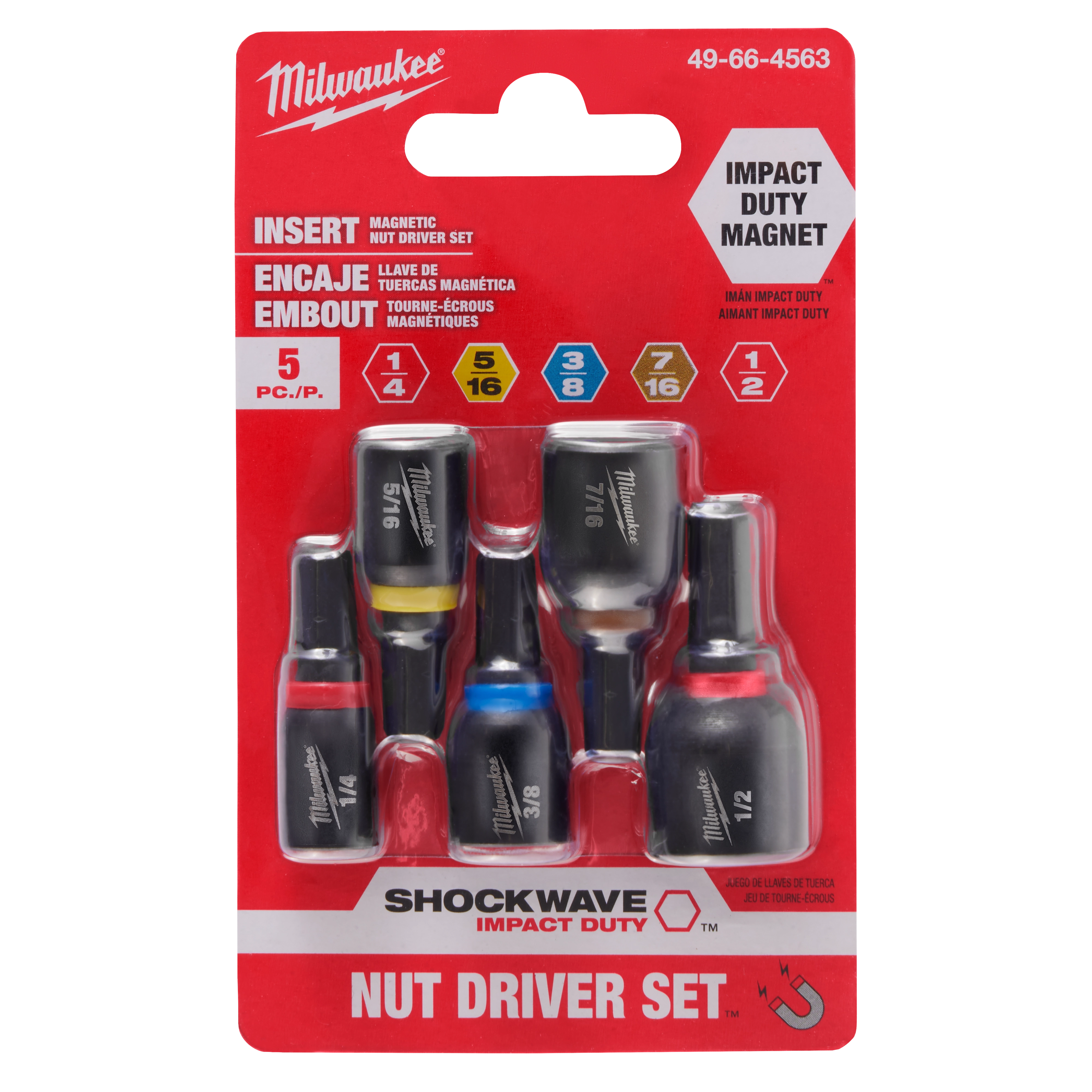 SHOCKWAVE Impact Duty Insert Magnetic Nut Driver Set 5PC in a red blister pack with five nut drivers of various sizes.