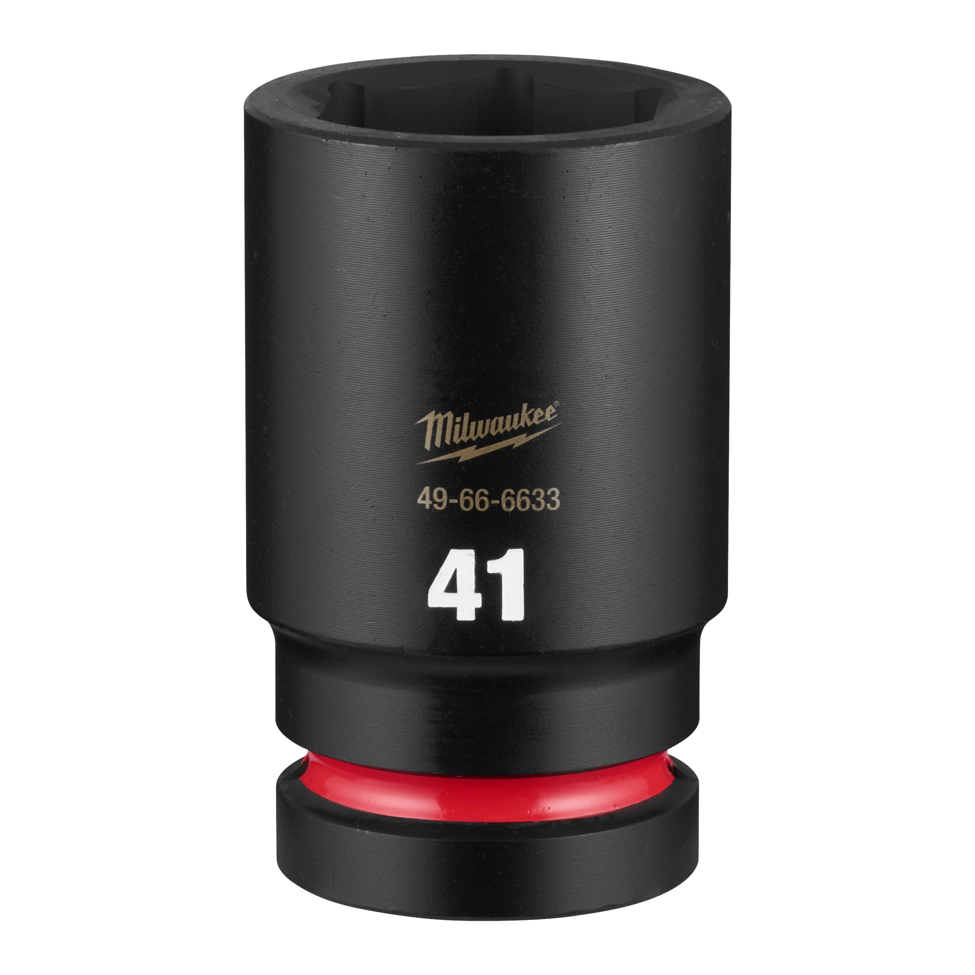 SHOCKWAVE Impact Duty 1" Drive 41mm Deep 6 Point Socket standing upright with 41 marking and a red ring near the base.