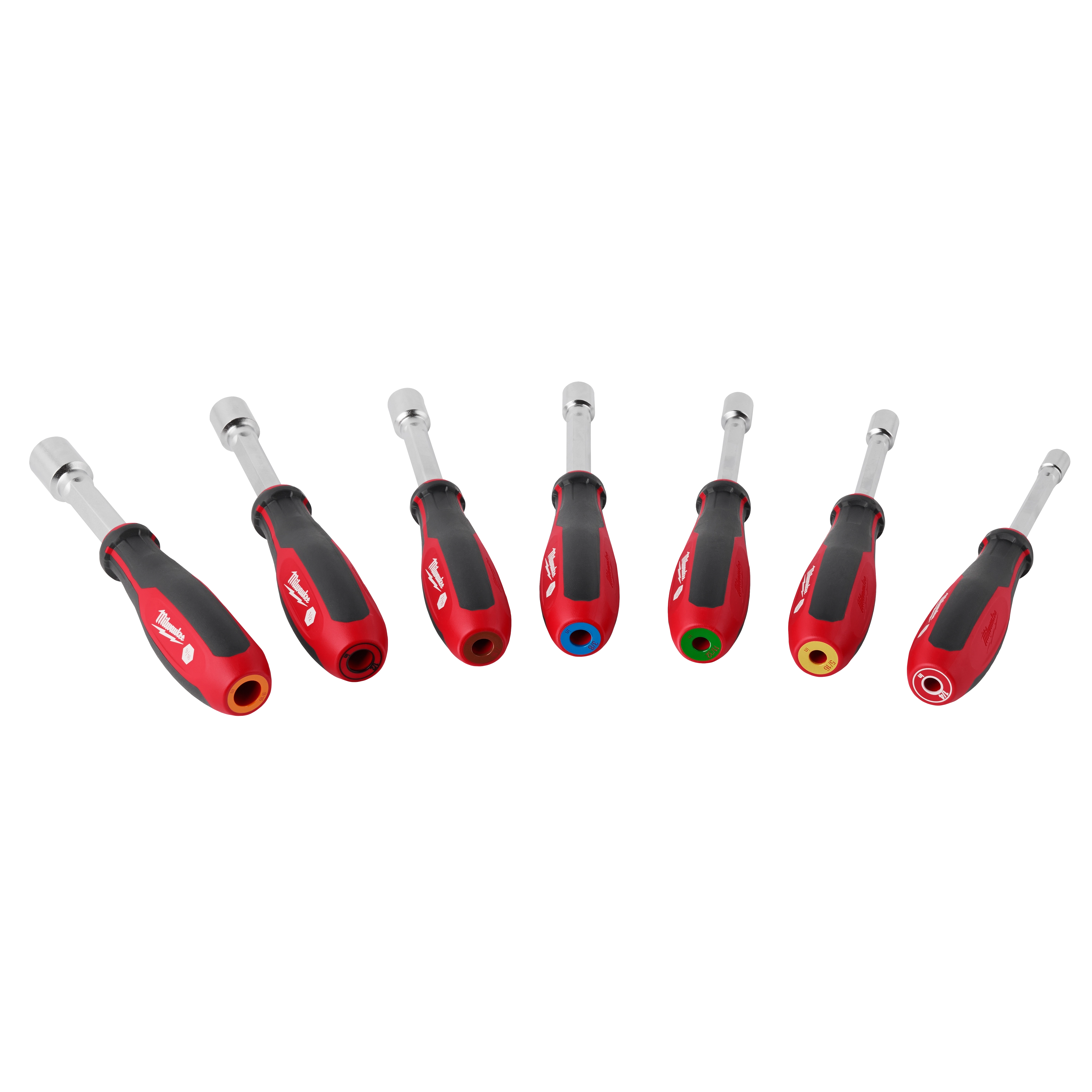 7pc SAE HollowCore Magnetic Nut Driver Set includes seven red and black nut drivers with color-coded ends and silver shafts.