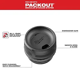 Black PACKOUT Sip Lid For Insulated Bottles with brand logo, features all-day hot and cold retention, dishwasher safe, smooth open and close, easy cleaning.