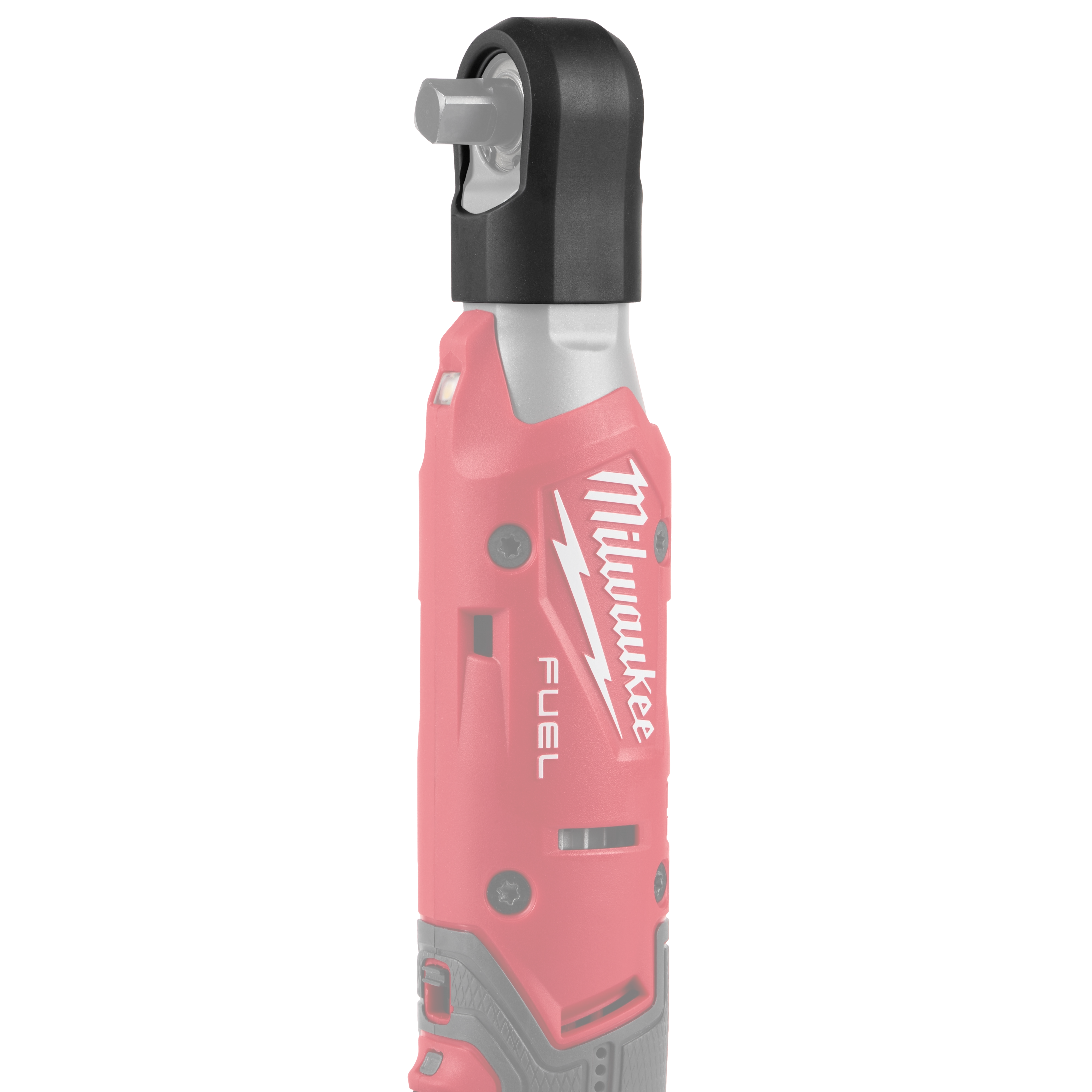 The M12 FUEL™ 3/8” Ratchet Protective Boot is a red and black protective cover designed to fit and protect the ratchet tool from wear and tear. It features the brand's logo and durable design elements suitable for rugged use.