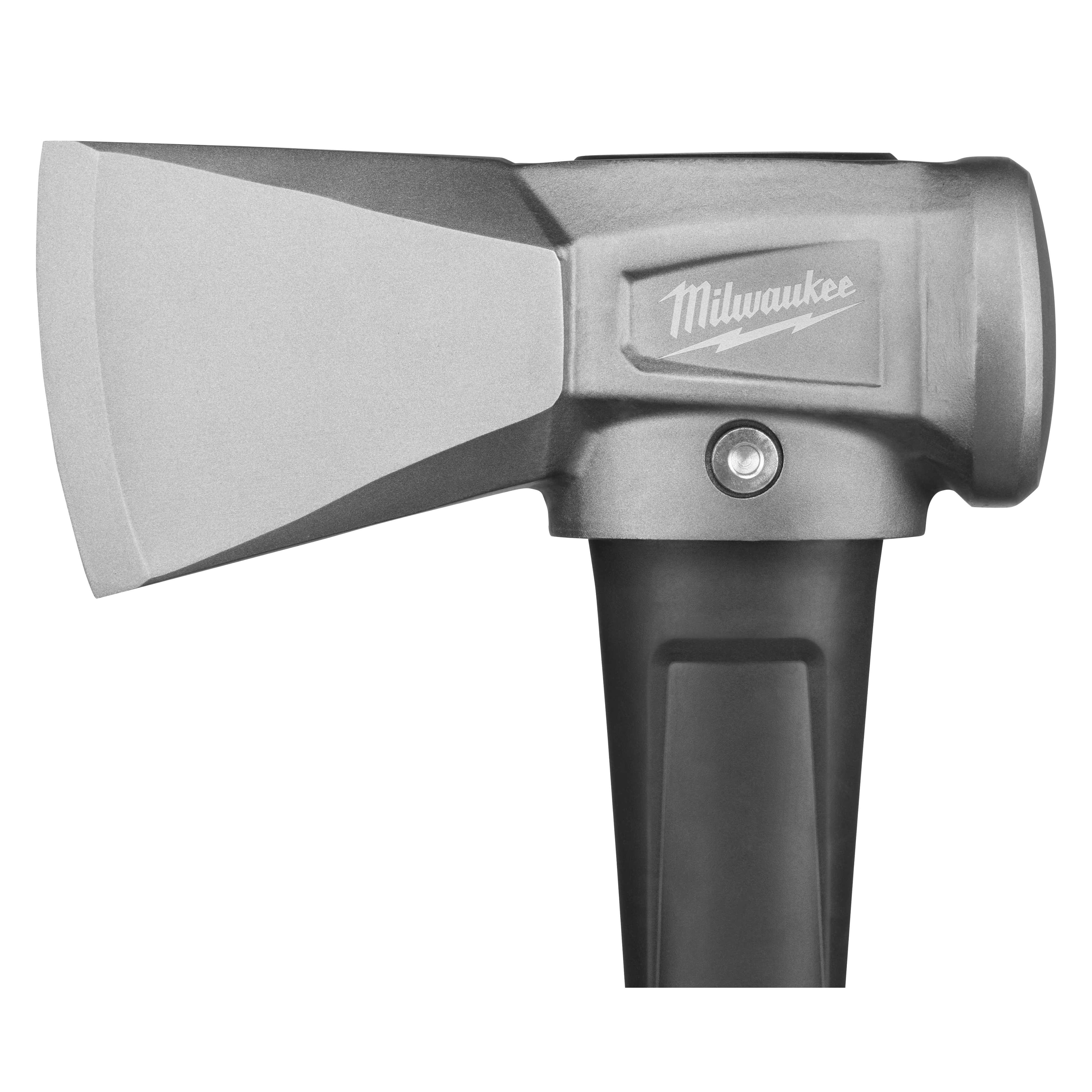 Milwaukee 8lb Splitting Maul (36" Handle) with a gray and silver head and black handle shown in close-up against a white background.