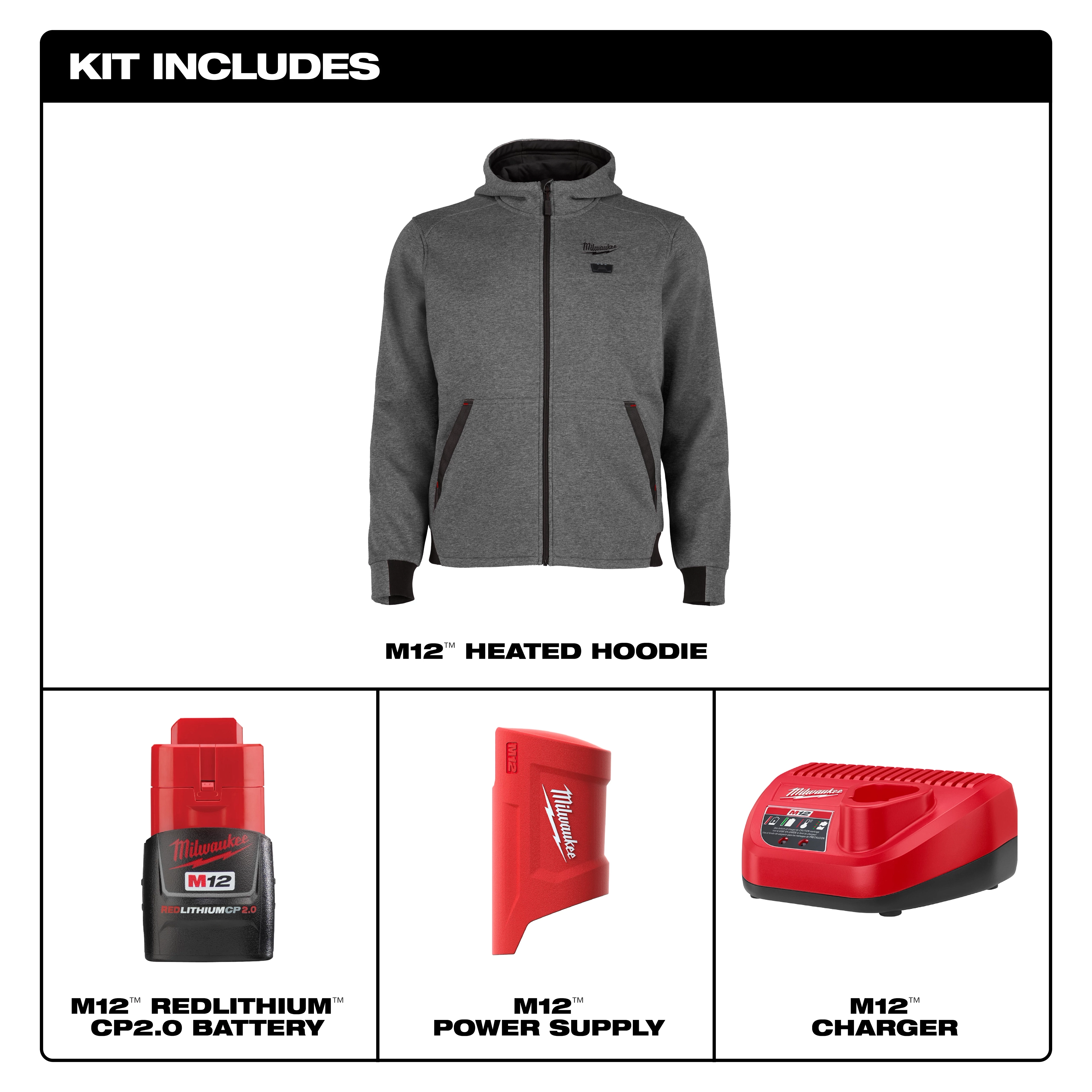Milwaukee's M12™ Heated Hoodie kit includes a grey hoodie, an M12™ REDLITHIUM™ CP2.0 battery, an M12™ power supply, and an M12™ charger. The hoodie features a zip-up front and two side pockets.