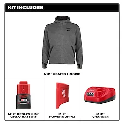 Milwaukee's M12™ Heated Hoodie kit includes a grey hoodie, an M12™ REDLITHIUM™ CP2.0 battery, an M12™ power supply, and an M12™ charger. The hoodie features a zip-up front and two side pockets.