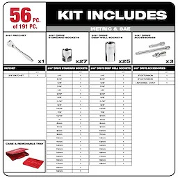191 PC - Mechanic's Tool Set includes a 3/8" ratchet, 27 standard sockets, 25 deep well sockets, 3 accessories, and a red case.