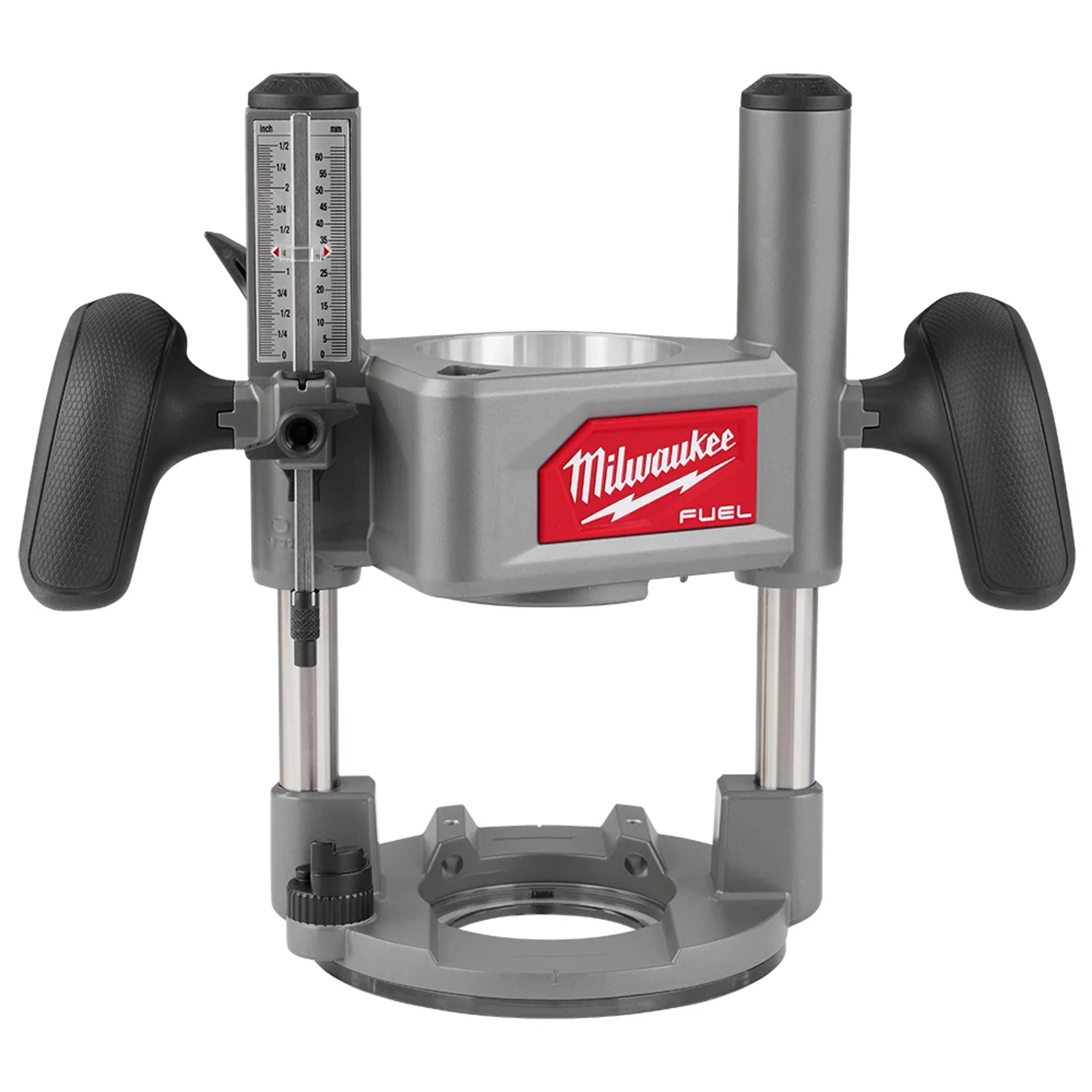 Milwaukee M18 FUEL 1/2" Router Plunge Base featuring a grey body with black handles, and an integrated depth adjustment gauge.