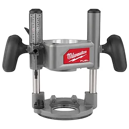 Milwaukee M18 FUEL 1/2" Router Plunge Base featuring a grey body with black handles, and an integrated depth adjustment gauge.