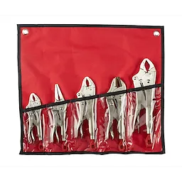 5pc. Locking Pliers Set includes five different-sized pliers in a red and clear plastic organizer case with hanging grommets.