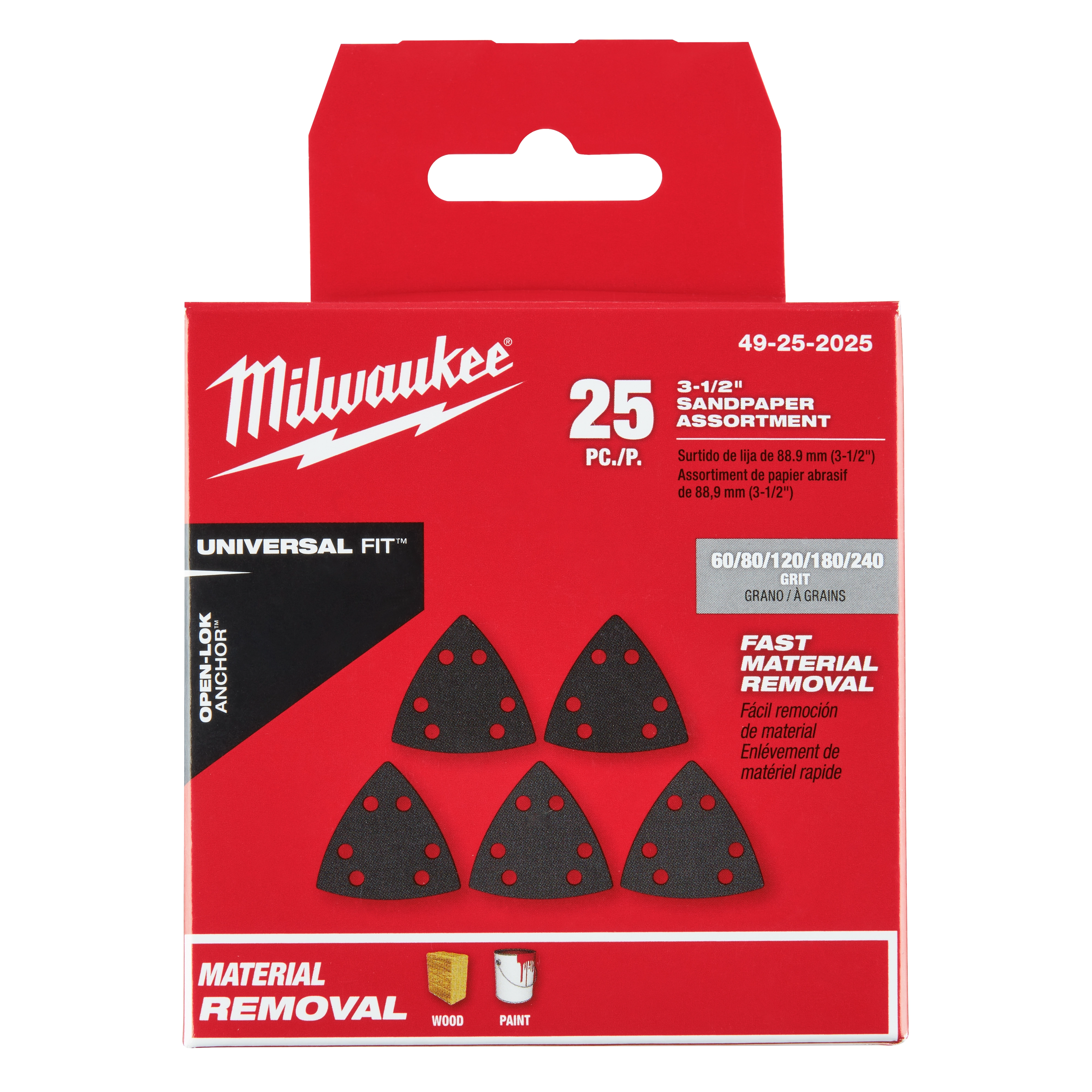 Milwaukee OPEN-LOK 3-1/2" Triangle Sandpaper Variety Pack 25PC in red packaging, includes five triangle-shaped sandpapers for material removal.